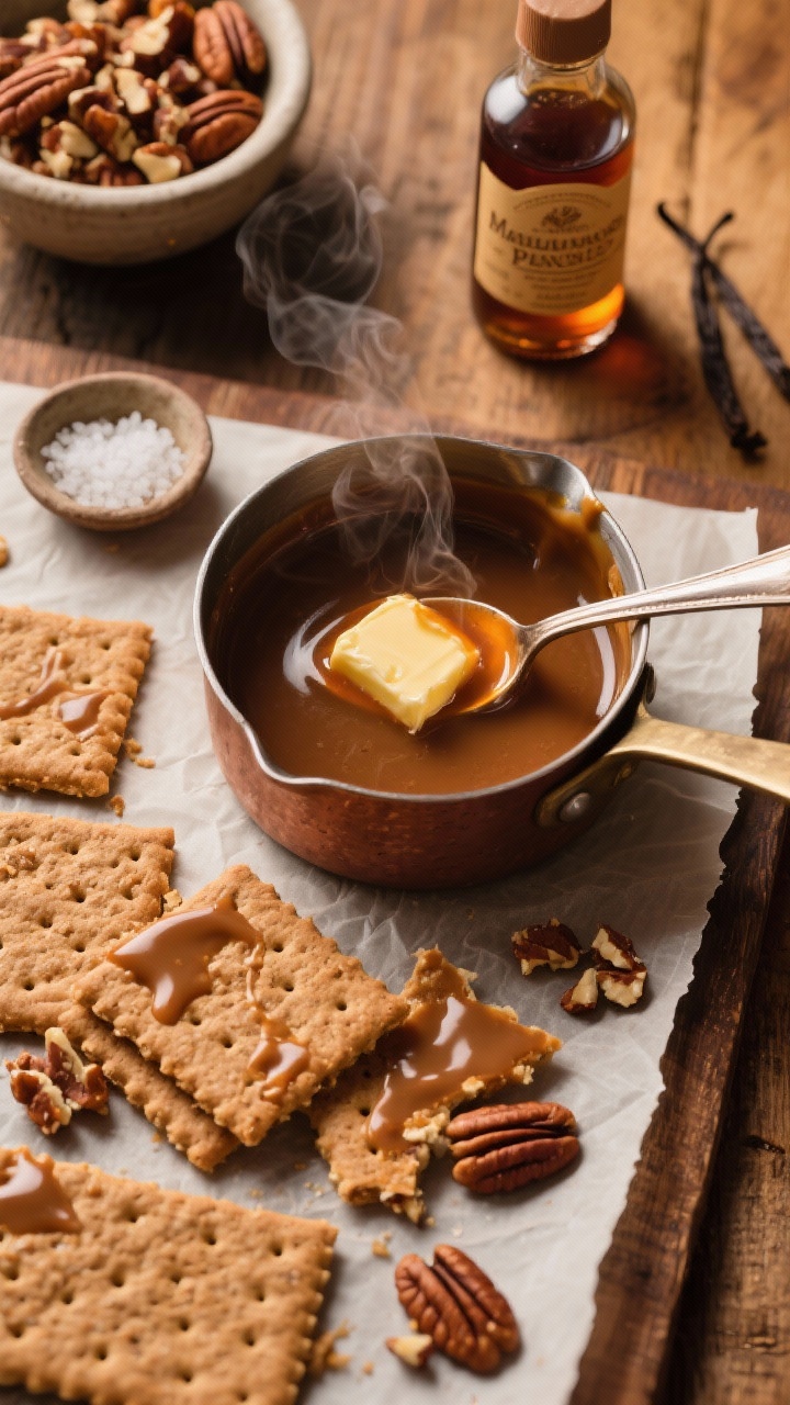 Rustic ingredient-and-process overhead for Maple Pecan Pie Cracker Toffee: graham crackers lined on a parchment sheet, a small saucepan of bubbling toffee sauce made with unsalted butter, dark brown sugar, and pure maple syrup, with a spoon showing the amber sheen. A bowl of roughly chopped pecans ready to sprinkle, a bottle of vanilla extract nearby, and a warm-toned wooden surface. Include a small dish of flaky salt to hint at balance. Cozy, autumnal color palette—maple amber, pecan brown, graham tan—steam wafting from the saucepan, process-focused, no hands visible.