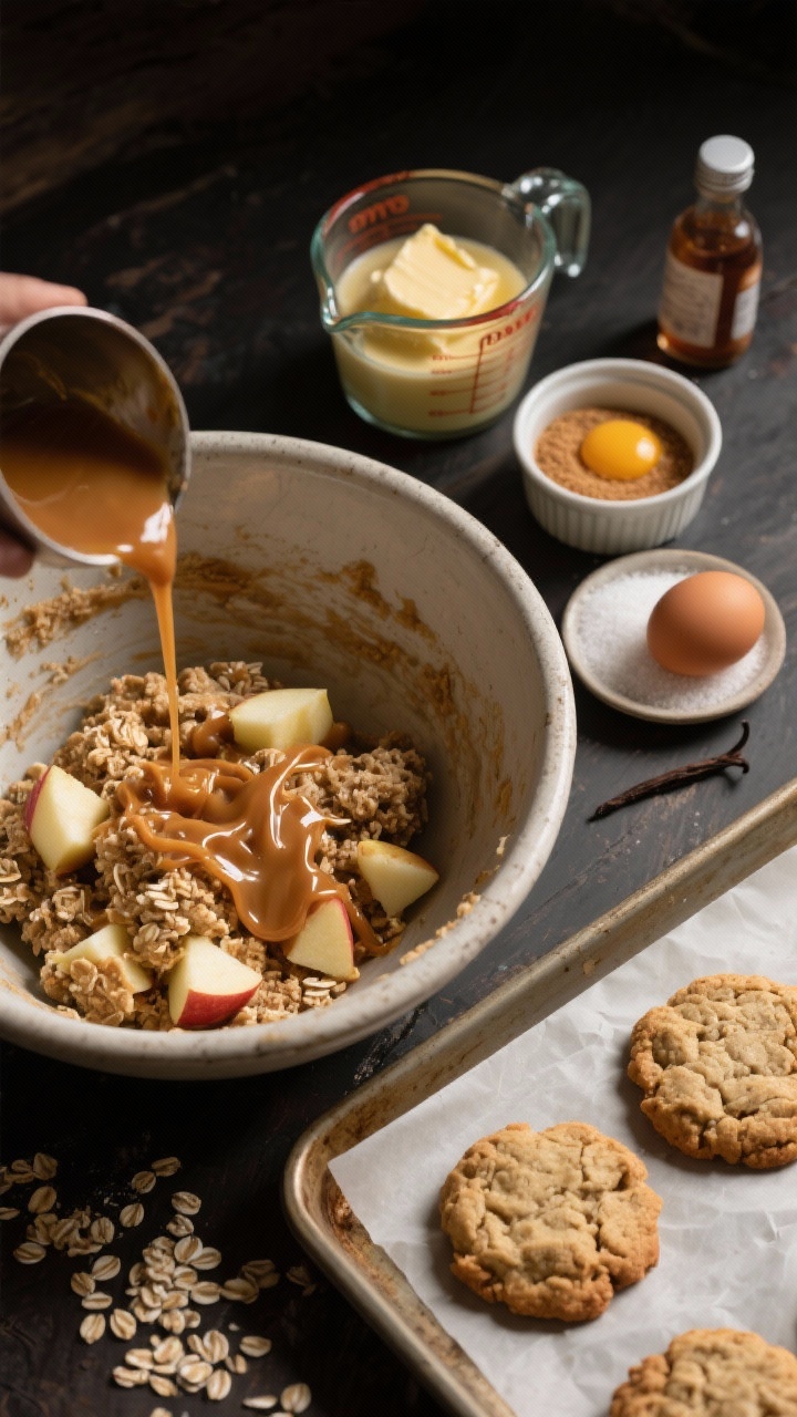 Rustic ingredient-and-process scene for Salted Caramel Apple Oatmeal Cookies at a 45-degree angle: a mixing bowl with chewy oat-studded dough, visible chunks of fresh apple folded in, ribbons of salted caramel being drizzled over; nearby are melted and slightly cooled unsalted butter in a measuring cup, light brown sugar and granulated sugar in ramekins, a whole egg plus an extra yolk on a small plate, vanilla extract bottle, and old-fashioned oats; a parchment-lined tray with a few scooped dough mounds ready to bake; moody, cozy lighting highlighting gooey caramel and chunky texture.