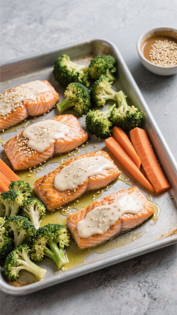 7 One-pan Dinners That Make Clean-up Effortless (and Weeknights Easier) Sheet-pan process shot, overhead flat lay: four salmon fillets brushed with a glossy white miso–soy–honey glaze, arranged beside sesame-sprinkled broccoli florets and bias-sliced carrots. Everything lightly coated in olive oil, edges beginning to caramelize. Neutral metal pan on a cool slate surface, small bowl of miso glaze and sesame seeds off to the side, clean and modern aesthetic.