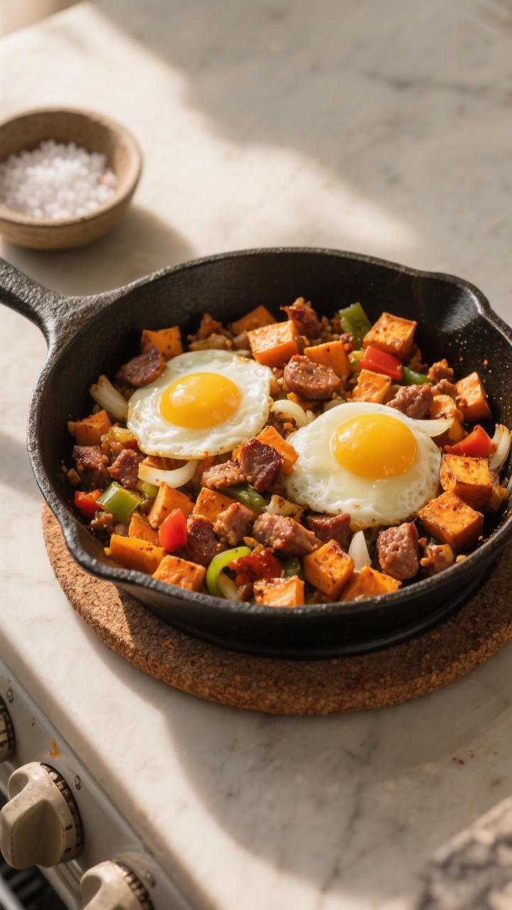 Skillet overhead of Sweet Potato and Sausage Breakfast Hash: caramelized cubes of roasted sweet potatoes, browned breakfast sausage crumbles, diced onion and bell pepper, hints of smoked paprika. Two runny-yolk eggs nestled on top. Cast-iron skillet on a stovetop trivet, coarse salt pinch bowl nearby, golden morning light.
