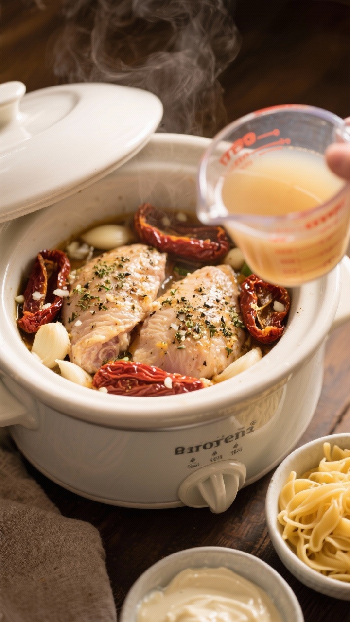 Slow cooker process shot, straight-on: ceramic crock of a slow cooker filled with boneless skinless chicken thighs seasoned with Italian seasoning, kosher salt, and black pepper, surrounded by sliced sun-dried tomatoes and minced garlic; a measuring cup of low-sodium chicken broth being set nearby, lid propped to show steamy interior; later-stage cooked pasta and cream elements in separate bowls to be added, tidy mise en place emphasizing set-it-and-forget-it convenience; warm homey lighting, no hands or people.