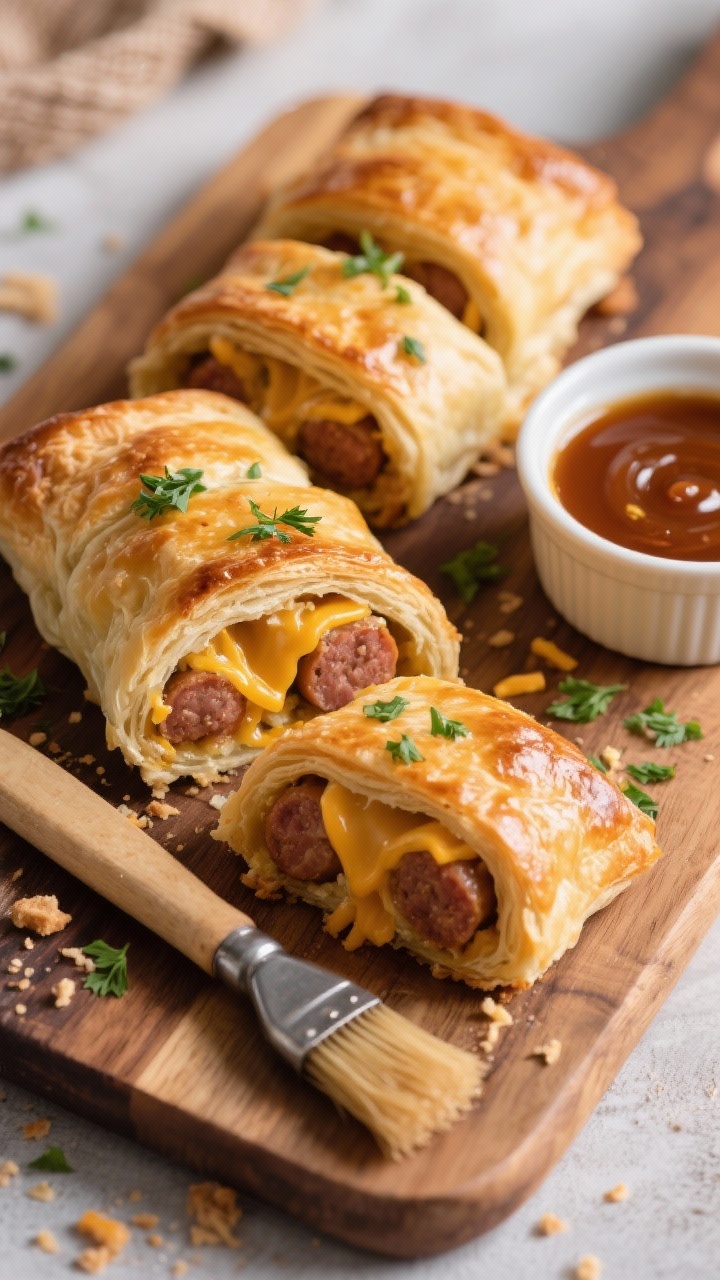 Straight-on bakery-style board shot: Herbed cheddar sausage rolls made with puff pastry wrapped around a pork sausage filling mixed with shredded sharp cheddar, chopped parsley, Dijon, and Worcestershire; baked to deep golden with visible flaky layers and cheese pockets; sliced to reveal juicy interior, served with a ramekin of glossy maple-Dijon dipping sauce and a pastry brush nearby; crumbs on a rustic wooden board, balanced warm tones and crisp detail.