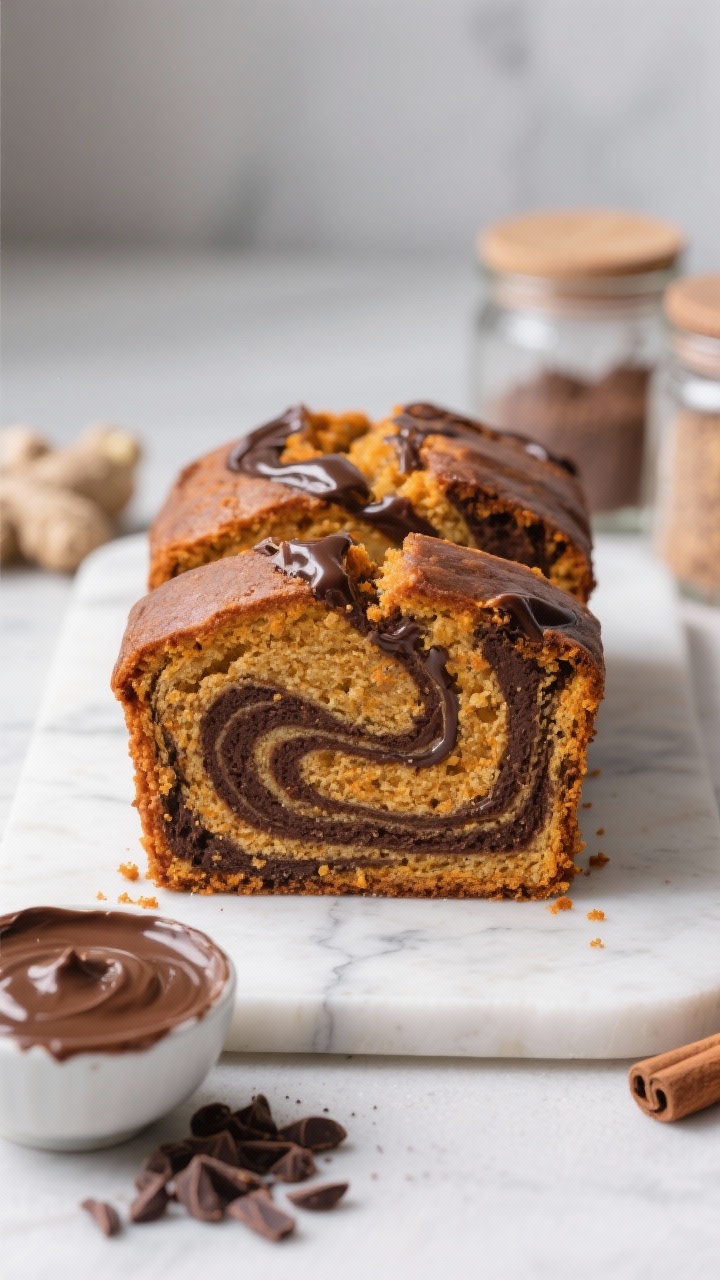 Straight-on, bakery-style hero shot of Chocolate-Swirled Pumpkin Bread: thick slices standing upright to show dramatic marbled ribbons of dark chocolate through the cinnamon-ginger-spiced pumpkin crumb. Place the loaf on a white marble slab with a small bowl of melted chocolate and a dusting of cocoa nibs, plus spice jars (cinnamon, ginger) subtly blurred behind. Glossy chocolate sheen contrasted with the soft orange crumb; crisp edges, professional studio lighting.