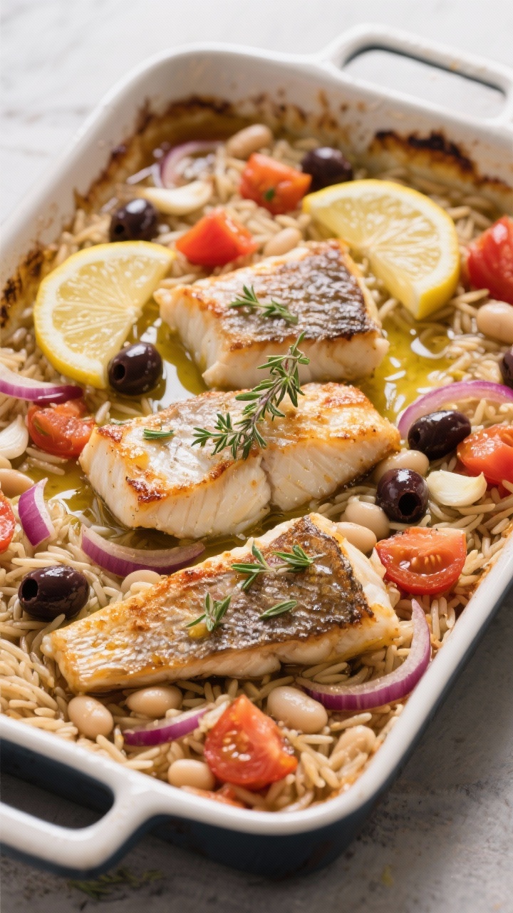 Straight-on baking dish scene of Mediterranean baked cod with tomato-olive orzo and white beans: flaky cod fillets nestled over whole-wheat orzo simmered with diced tomatoes, minced garlic, thinly sliced red onion, broth, briny kalamata olives, and creamy white beans; olive oil drizzled on top, lemon slices and oregano sprigs tucked in; edges caramelized, served family-style.