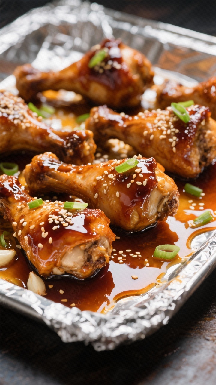 Straight-on baking pan glamour: sticky honey-soy baked chicken drumsticks lacquered with a glossy glaze of low-sodium soy sauce, honey, rice vinegar, sesame oil, minced garlic, and grated fresh ginger; sesame seeds and thin scallion slices sprinkled; glaze pooling slightly on the foil-lined tray, deep amber tones, dramatic reflections, appetizing tacky sheen.