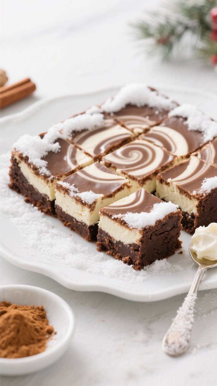 Straight-on beauty shot of Gingerbread Cheesecake Brownies with a swirly snowdrift top, sliced into neat squares on a white ceramic platter. The cheesecake swirl (cream cheese, granulated sugar, egg) forms creamy ivory marbling over the dark chocolate-gingerbread base, evoking snowy drifts against cocoa-brown terrain. Highlight smooth, glossy edges and dense, fudgy crumb. Garnish the scene with a small dish of cream cheese, a spoon dusted with sugar, and subtle holiday spice props (ground ginger, cinnamon stick) in soft focus; clean, bright light for a festive, elegant dessert look.