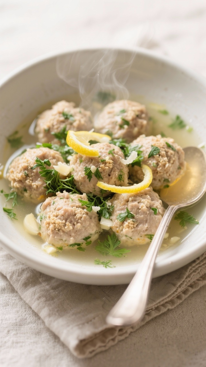 Straight-on bowl close-up of herby chicken meatballs in lemon-garlic broth: tender ground chicken meatballs flecked with whole-wheat breadcrumbs, egg, grated Parmesan, fresh parsley, and dill or basil, poached in a clear shimmering broth infused with minced garlic and bright lemon. Garnish with extra herbs and fine lemon zest curls, a spoon resting in the bowl, steam visible, neutral linen backdrop emphasizing comfort and clarity.