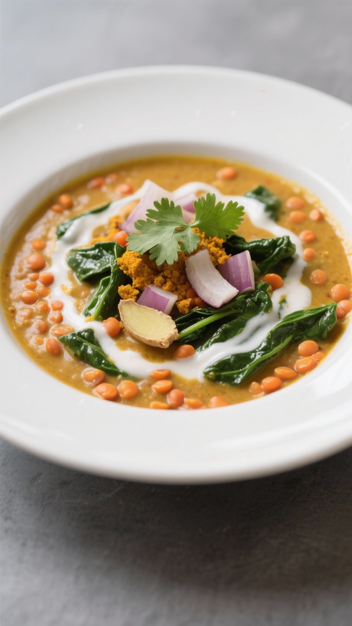 Straight-on bowl of turmeric ginger red lentil coconut curry: creamy golden-red base with split red lentils, diced onion, fresh grated ginger, garlic, ground turmeric, curry powder, cumin, and a hint of cayenne; coconut richness with bright green spinach just wilted; served in a wide white bowl, glossy surface, topped with a swirl of coconut milk and cilantro, set against a cool gray background.
