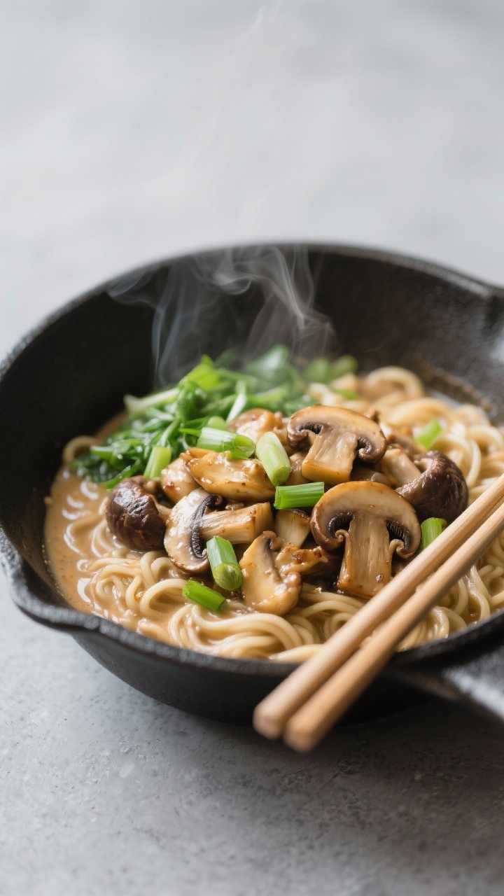 Straight-on bowl presentation: creamy miso mushroom ramen skillet, noodles bathed in a silky miso-garlic sauce; mixed mushrooms (cremini, shiitake, oyster) sautéed until golden and layered on top, green onion whites mingled in, greens sprinkled as a fresh garnish; subtle umami sheen from neutral oil; steam rising against a soft gray backdrop; chopsticks resting across the bowl, minimalist, weeknight-comfort vibe.