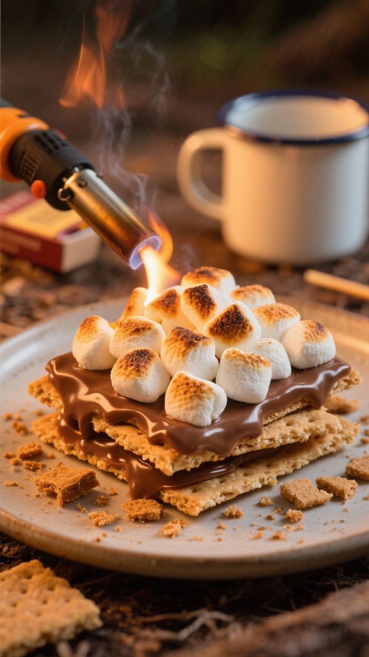 Straight-on campfire vibe for s’mores toffee: toffee-covered saltines topped with melted milk chocolate, a thick layer of mini marshmallows toasted to golden-brown, and a scatter of crushed graham crackers; a blowtorch or matchbook off-frame hinting at toasting; warm, amber lighting, enameled camp mug in soft focus.