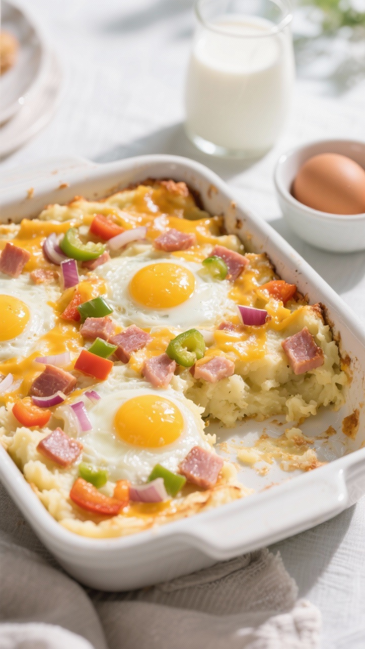 Straight-on casserole dish of savory potato breakfast casserole: thick layer of mashed potatoes topped with diced cooked ham, bell peppers, onions, and melted cheddar/pepper jack, with whole baked eggs nestled on top, yolks just set; a splash of milk and raw eggs shown in small bowls to the side, bright morning light, inviting brunch table setting.