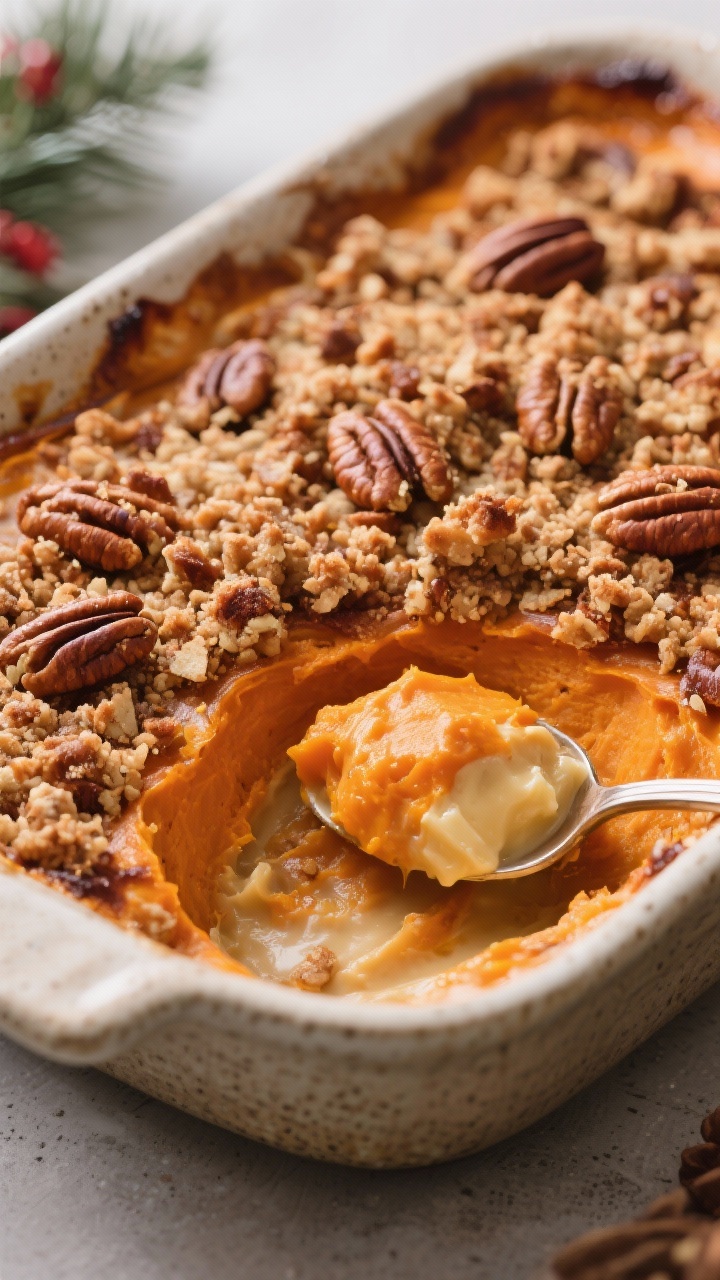 Straight-on casserole portrait of sweet potato casserole with pecan crunch: ultra-smooth, silky sweet potato base (butter, milk, vanilla, maple/brown sugar) topped with a deeply toasted pecan crumble, edges caramelized; a serving spoon reveals the creamy interior contrasting with the crunchy topping, warm orange hue complemented by amber tones, styled in a stoneware dish with minimal holiday accents.