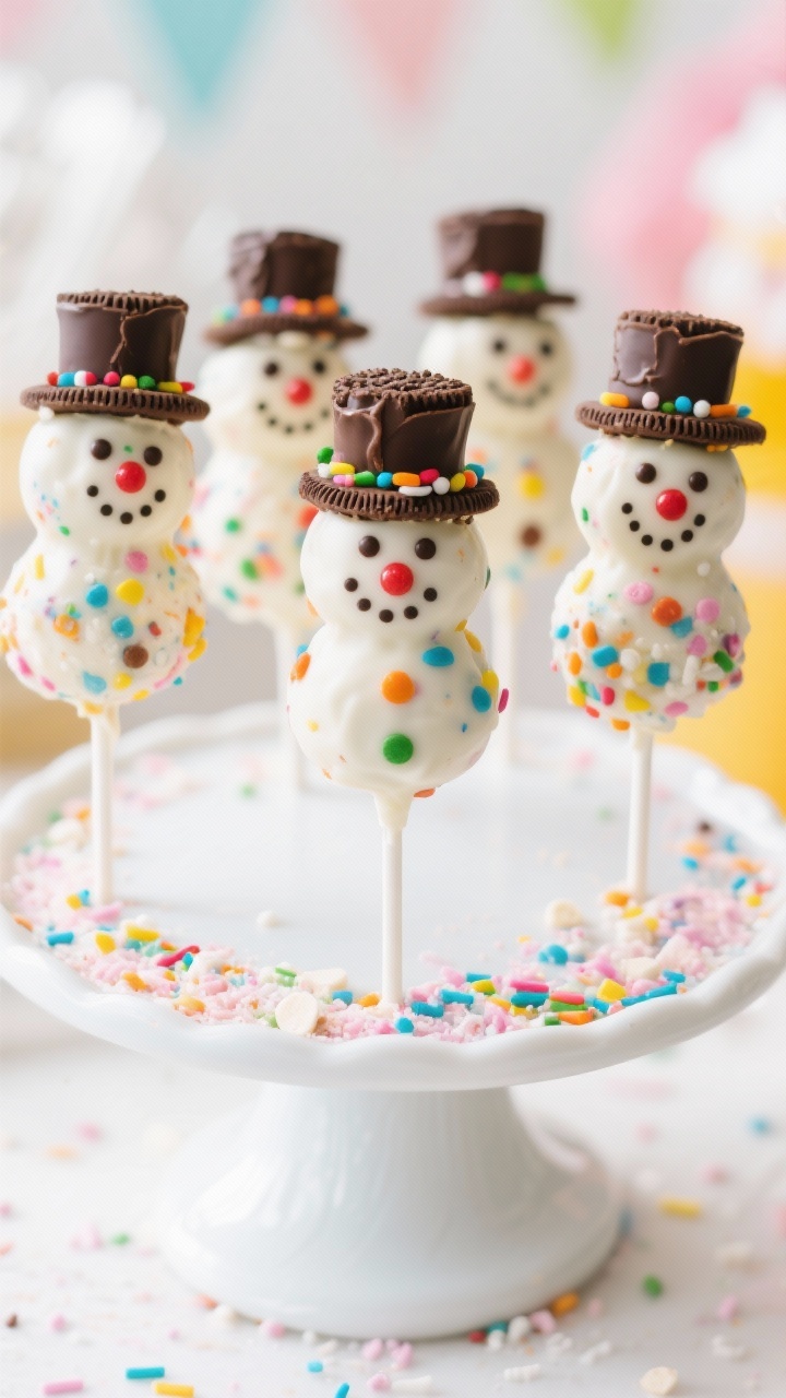 Straight-on celebratory display for Gluten-Free Funfetti Snowmen With Cheery Top Hats: GF funfetti vanilla cake pops speckled with colorful sprinkles inside, dipped in dairy-free white baking chips (or white candy melts) melted with refined coconut oil for a smooth sheen, decorated with chocolate cookie “top hats,” rainbow sprinkle accents, and neat frosting dots for faces; arranged upright on a white cake stand with pastel confetti crumbs, bright natural light, vivid colors, kid-friendly whimsical mood.