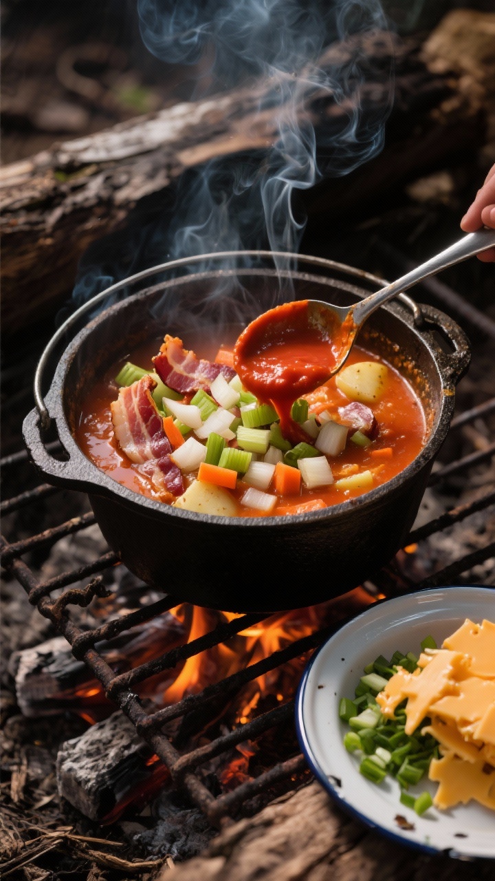 Straight-on, close-up action shot of smoky campfire loaded potato soup: a cast-iron Dutch oven over a grill grate, with bacon ends rendering in bacon fat alongside diced onion, finely diced celery and carrot, and minced garlic; a spoon stirring in a streak of tomato paste that tints the base a deep amber-red; cheddar and chopped scallions on a nearby enamel plate ready for topping; rugged campsite vibe with charred wood backdrop, dramatic side lighting, and visible smoke wafting.