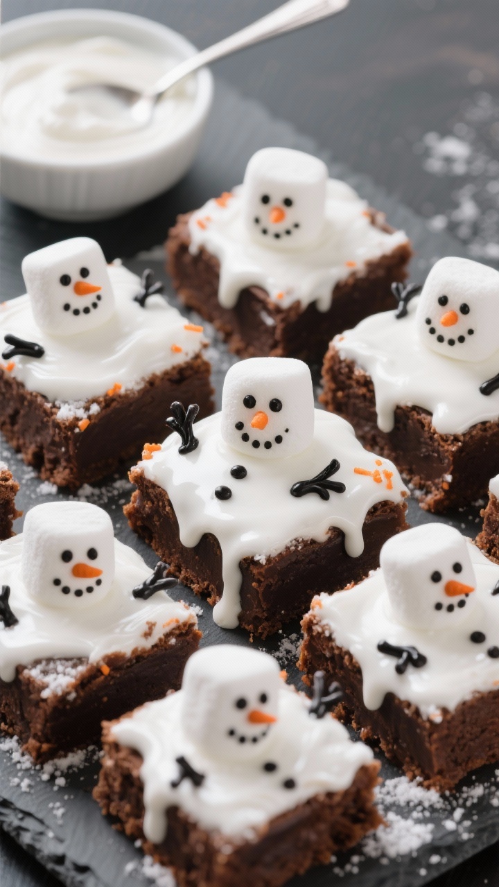 Straight-on close-up: “Melted Snowman Brownies” — 12 square brownies each topped with a large marshmallow “head” and glossy white vanilla icing (powdered sugar, milk, vanilla) puddling like melted snow over the edges. Black decorating gel forms eyes, mouth, and stick arms, with an orange sprinkle as a carrot nose on a few. Set on a matte slate board with a small bowl of white icing and a spoon drip, shallow depth of field to emphasize shiny icing drape and soft marshmallow texture, playful holiday mood.