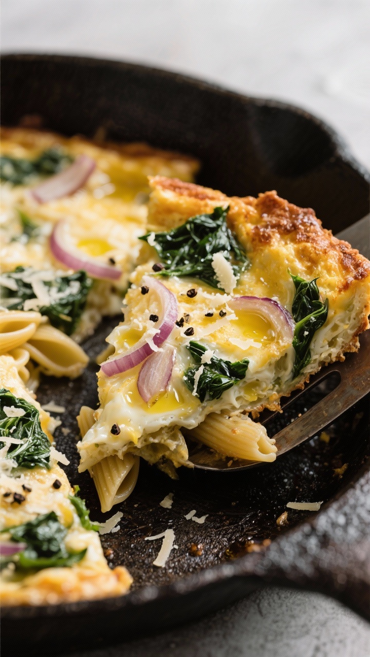 Easy and Creative Leftover Recipes for Busy Weeknights You’ll Crave Again Straight-on close-up of a next-day pasta frittata wedge: leftover cooked pasta strands set in a custardy egg base, studded with thinly sliced onion/shallot and garlicky greens (spinach and kale) sautéed in olive oil and butter. The slice lifted from a well-seasoned skillet, showing browned, crispy edges and a tender, marbled interior; grated Parmesan on top, a drizzle of olive oil, and cracked black pepper. Minimal rustic backdrop to highlight texture and layers.