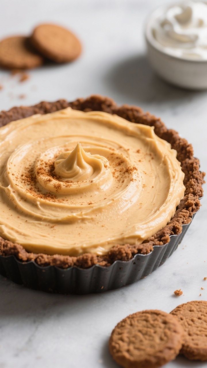 Straight-on close-up of a No-Bake Pumpkin Cream Pie in a gingersnap crust: ultra-smooth, airy pumpkin cream filling piled into a tightly packed gingersnap cookie crust with visible cookie crumb edges. A soft swirl on top, lightly dusted with pumpkin pie spice; a few whole gingersnap cookies and a bowl of whipped cream in the background. Cool, clean lighting to highlight the chilled, creamy texture and the dark spiced crust; no baking tools visible.