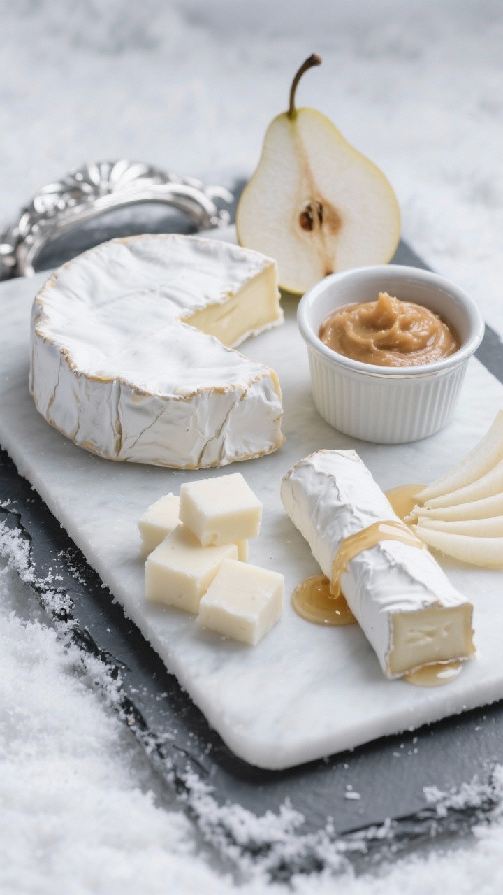 Easy Diy Christmas Charcuterie Boards for Beginners That Wow Every Guest Straight-on close-up of a Winter Wonderland monochrome cheese board in whites and silvers: a bloomy triple-cream brie wedge with velvety rind, neat slices of manchego, cubes of aged white cheddar, a creamy goat cheese log with a honey drizzle pooling slightly, a small silver ramekin of pear or apple butter, and fan-arranged thin slices of Asian pear. Cool-toned lighting, frosty slate board, subtle silver props, focus on snowy whites, smooth and crumbly textures, and glossy honey sheen. Final composition, elegant and minimal.