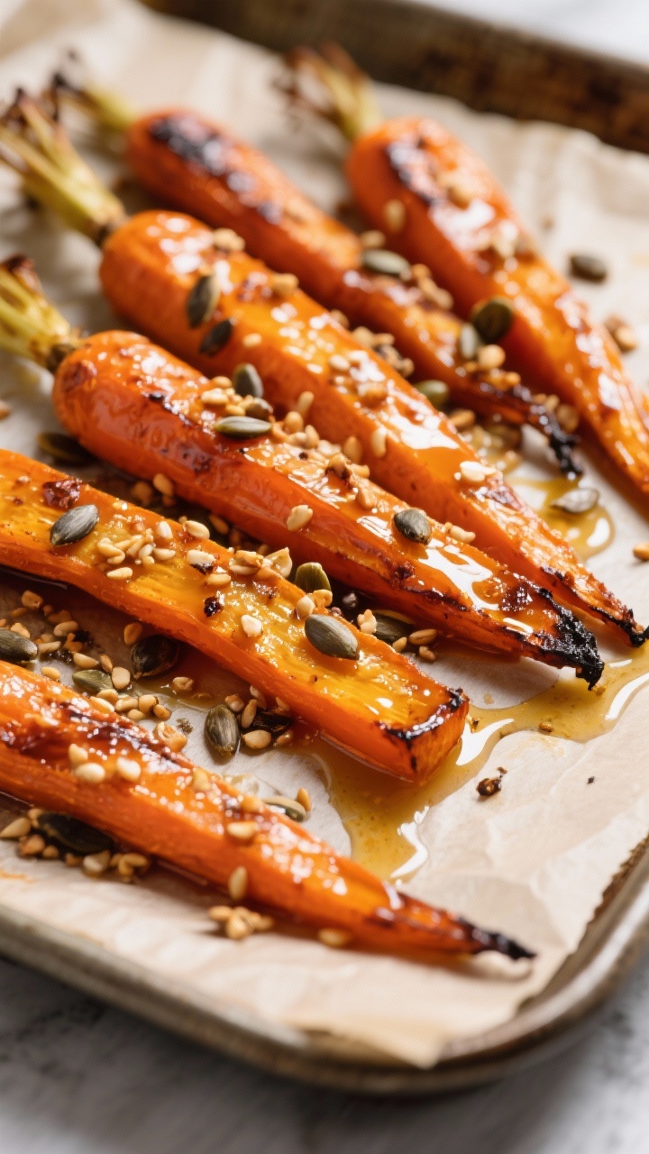 Straight-on close-up of maple-Dijon roasted carrots: glossy, caramelized carrot batons cut on the bias, edges slightly charred, glistening with a glaze of pure maple syrup, Dijon mustard, olive oil, apple cider vinegar, kosher salt, and black pepper; topped with a crunchy seed sprinkle (mixed seeds) for texture; arranged on a parchment-lined rimmed tray with extra glaze drips; bright, vibrant oranges with shiny highlights.