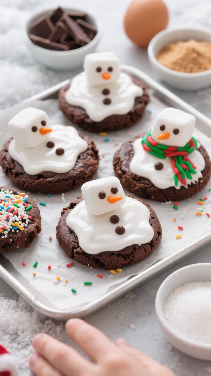 Christmas Brownie Cookies: the Cutest Holiday Treat You’ll Bake All Season Straight-on close-up of Melted Snowman Brownie Cookies Kids Can Decorate: dark chocolate brownie cookies (60–70%) topped with glossy white royal icing “melted snow,” marshmallow “snowman heads” with chocolate-dot eyes and orange sprinkle noses, and colorful sprinkle scarves. Show a tray lined with parchment, some undecorated cookies beside small bowls of chopped dark chocolate, granulated sugar, light brown sugar, and room-temp eggs. Emphasize gooey chocolate centers and playful decorations, soft winter backdrop, no hands in frame.