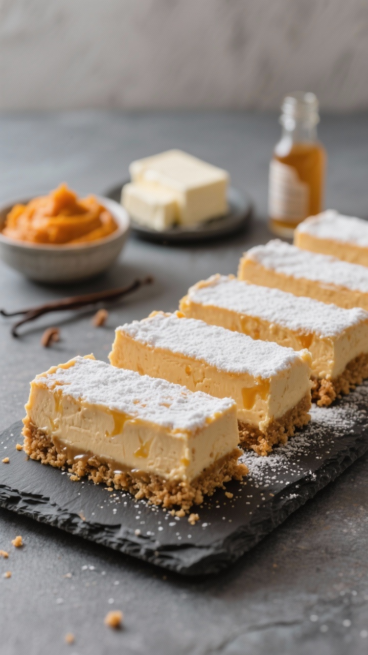 Straight-on close-up of neat No-Bake Pumpkin Cheesecake Bars on a slate board: thick graham cracker crumb base with melted butter, creamy pumpkin cheesecake layer speckled with warm spice, clean-cut edges; powdered sugar lightly sifted over the top; background includes a small bowl of pumpkin puree, softened cream cheese blocks, vanilla extract bottle; cool-toned backdrop, soft side lighting, ultra-smooth cheesecake texture emphasized.