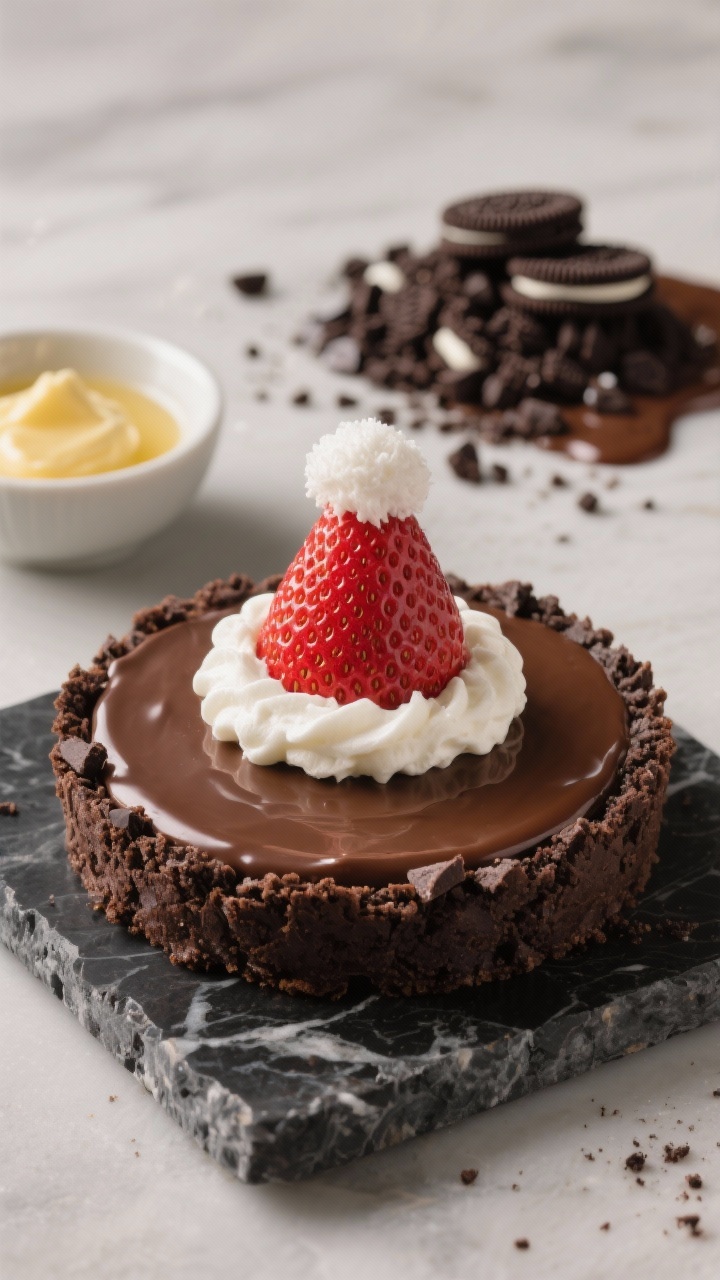 Straight-on close-up of no-bake Oreo brownie Santa hats: a compact Oreo-butter crust base topped with a silky chocolate ganache layer (semi-sweet chips, heavy cream, vanilla, pinch of salt), finished with a neat ring of whipped cream “fur” and a strawberry cap; visible crumb texture of crushed Oreos, clean ganache edges with subtle shine; set on a dark marble slab with a small bowl of melted butter, a pile of Oreo crumbs, and a dribble of ganache in the background; soft, diffused light for a luxe, lazy-genius feel.