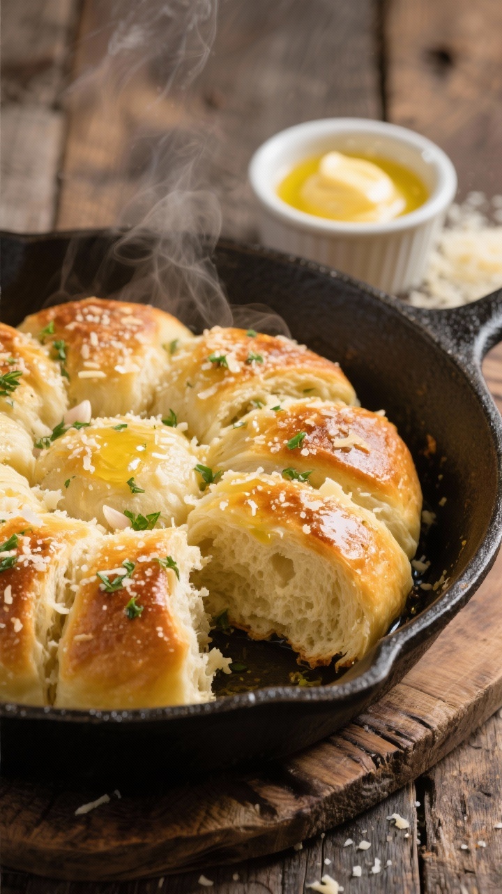 Straight-on close-up of Parmesan-herb pull-apart rolls in a cast-iron skillet, golden and puffed, brushed with melted butter and olive oil, speckled with grated Parmesan, garlic, and chopped herbs; steam faintly rising, one roll slightly pulled to reveal fluffy interior, placed on a rustic wooden table with a ramekin of melted butter and extra Parmesan in the background, high contrast, tack-sharp crumb.