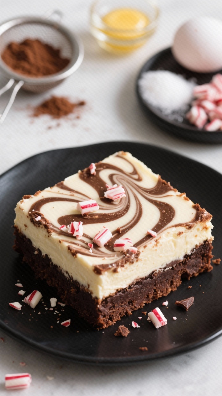 Straight-on close-up of peppermint swirl cheesecake brownies with bark crunch. Emphasize the marbled top: creamy vanilla cheesecake swirled through a cocoa-rich brownie base, finished with scattered peppermint bark bits for texture. Reveal the layered structure in a clean cut square, with a few crumbs on a matte black plate. In the background, subtly show components: melted butter, cocoa powder in a sieve, granulated sugar, eggs, vanilla extract, and a small bowl of peppermint bark pieces. Bright, clean lighting to highlight the swirl pattern, shallow depth of field for luscious texture.