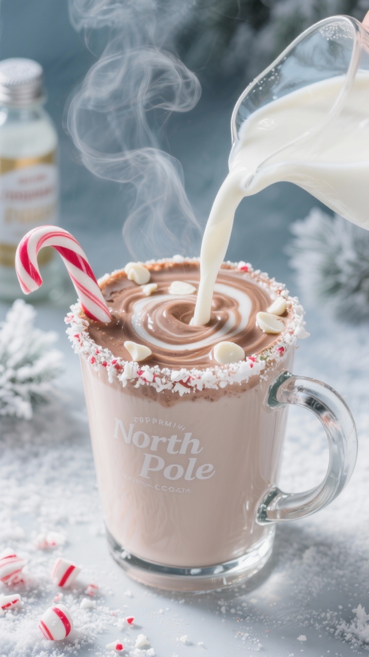 Straight-on close-up of Polar Peppermint Cocoa being poured into a clear glass mug, showcasing a creamy pale cocoa-white base from whole milk and white chocolate chips with a subtle cocoa tint, finished with a dramatic “North Pole” peppermint swirl. Garnish with crushed peppermint candy rim, a peppermint stick, and a hint of peppermint extract bottle in the background. Cool wintery palette with frosty props, gentle steam, high gloss highlights on the liquid surface.
