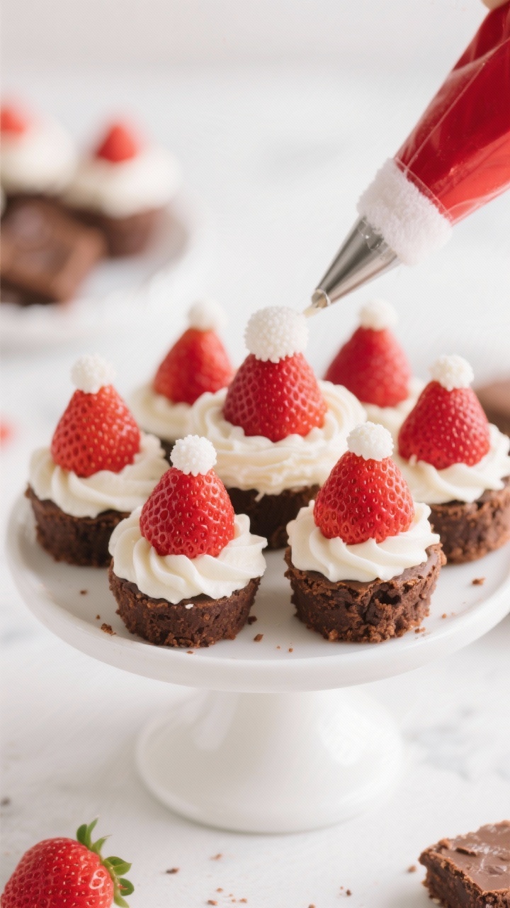 Straight-on close-up of Santa Hat Strawberry Brownie Bites assembled on a white cake stand: bite-size brownie rounds from a boxed mix (greased with nonstick spray) topped with a piped swirl of softened cream cheese frosting and crowned with hulled small strawberries, each finished with a tiny dot of cream cheese “pom-pom”; crumbs visible for texture, vibrant red strawberries popping against snowy white frosting, shallow depth of field with a few extra brownies and a piping bag in soft blur, bright cheerful holiday mood.