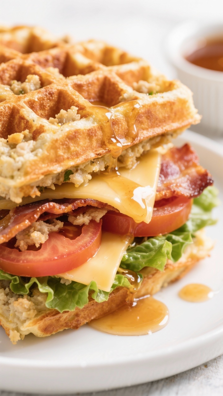 Creative and Easy Ways to Use Thanksgiving Leftovers for Quick Weeknight Meals You’ll Crave Straight-on close-up of stuffing waffle BLTs: ultra-crispy, golden-brown waffles made from leftover stuffing mixed with eggs, broth, and shredded mozzarella/provolone, stacked with thick-cut bacon, butter-lettuce, ripe tomato slices, and a glossy maple-Dijon drizzle; slight syrup drip down the waffle grid; placed on a white plate with a small ramekin of the maple-Dijon sauce; bright brunch lighting, shallow depth of field, no people.