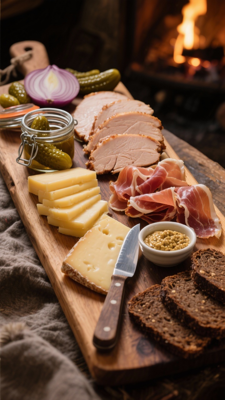Straight-on cozy alpine board scene for the “Cozy Alpine Protein & Fiber Feast Board”: thin slices of roast turkey and ribbons of lean prosciutto or speck folded beside neat stacks of Alpine-style cheese (Gruyère or Comté), with jars of pickled onions and cornichons open, brine glistening; serve on a rustic wooden board with a small knife, whole-grain mustard, and dark rye slices; warm, fireside-toned lighting emphasizing fat marbling, cheese rind texture, and pickle shine; shallow depth of field; no people.