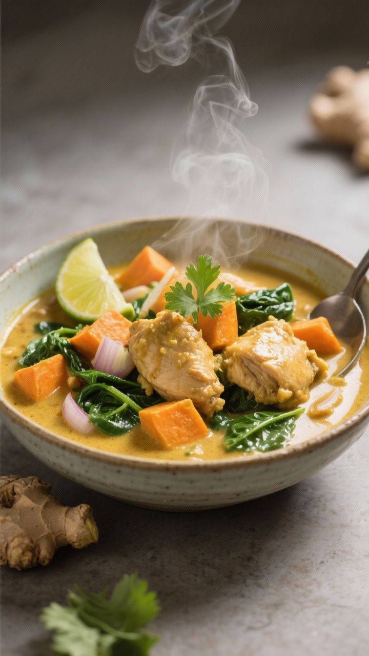 10 Easy One-pan Chicken Dinners for Busy Weeknights That Taste Like Weekend Treats Straight-on cozy bowl of coconut curry chicken with sweet potatoes and spinach: tender bite-size chicken thigh pieces in a creamy, golden coconut curry broth perfumed with onion, garlic, and fresh ginger; orange sweet potato chunks and wilted spinach adding color contrast; steam rising, cilantro and lime wedge garnish, served in a ceramic bowl with a spoon, soft diffused light for comfort.