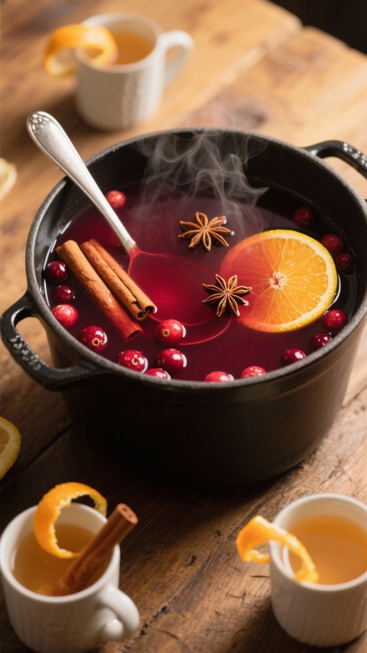 Straight-on, cozy close-up of warm cranberry–apple cider punch in a matte black pot on a wooden table: steam curling up from a garnet-hued blend of cranberry juice and true apple cider, with floating aromatics—two cinnamon sticks, four whole cloves, two star anise, thin slices of orange, and a hint of lemon brightness; ladle resting on the rim; nearby mugs garnished with orange peel twists and a cinnamon stick; soft, golden backlight for warmth and comfort.