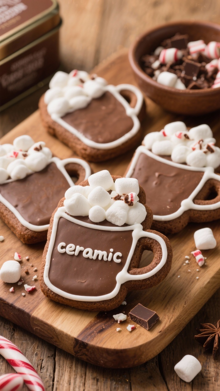 Straight-on cozy scene of Hot Cocoa Mug cookies: mug-shaped sugar cookies iced in rich cocoa-brown with white “ceramic” rim lines, topped with puffy marshmallow-like dollops of white royal icing, some garnished with mini marshmallows and crushed peppermint or mini chocolate curls; set on a wooden board with a cocoa tin and a small bowl of toppings; warm, inviting lighting evokes hot chocolate comfort.