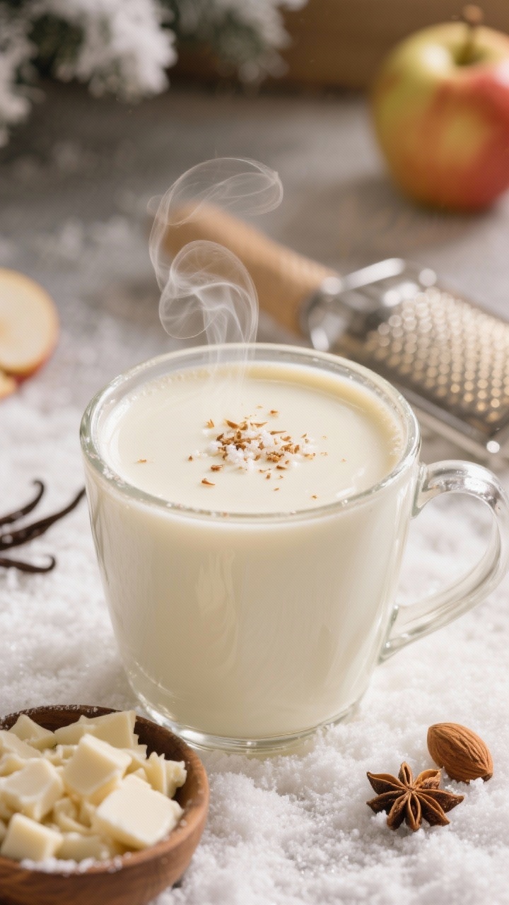 Straight-on cozy scene of the Snowy Apple-White Cocoa Sipper in heatproof mugs: creamy white chocolate cocoa made with unsweetened almond milk and a touch of clear apple juice, steam curling up; garnished with micro-grated nutmeg and a pinch of salt to balance sweetness, vanilla hinted in the description; a small bowl of finely chopped white chocolate and a nutmeg grater in the background; warm winter lighting, soft cream and ivory tones with subtle golden reflections, thick, velvety texture showcased at the rim.