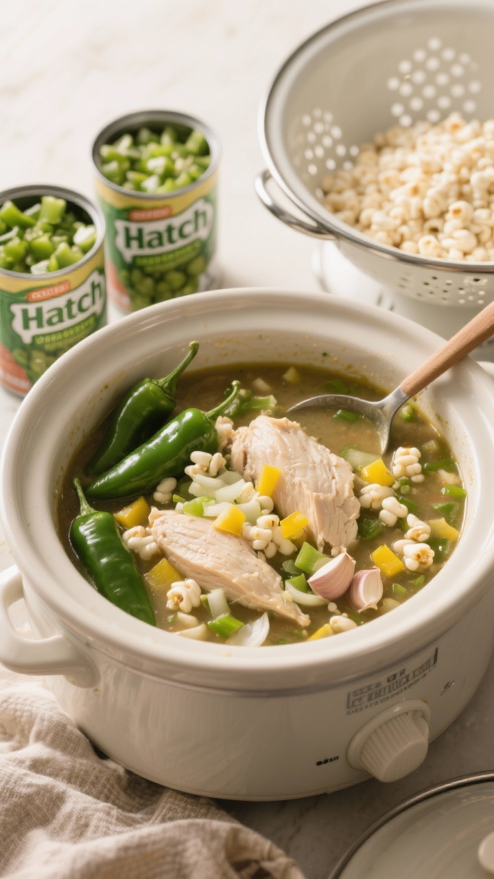 Straight-on, cozy slow cooker scene of green chile white chicken chili in a ceramic crock: boneless skinless chicken breasts nestled with diced yellow onion, minced garlic, two opened cans of diced Hatch green chiles, and white hominy (drained) visible before stirring. Include labeled cans of Hatch green chiles and a colander of drained hominy nearby. Warm, homey light, shallow depth of field, focus on the contrasting green chiles and pearly hominy; emphasize “set-it-and-forget-it” comfort.
