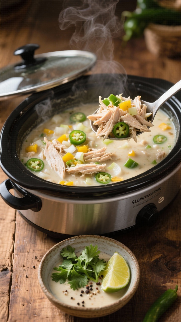Straight-on, cozy slow cooker scene: the lid lifted to reveal Slow Cooker Creamy White Chicken Chili with boneless skinless chicken breasts gently shredding in a creamy broth alongside finely chopped yellow onion, diced poblano, minced jalapeño, and minced garlic. A ladle lifting a portion shows tender chicken strands and pepper pieces. In the foreground, a rustic bowl garnished with cilantro, lime wedge, and cracked black pepper. Warm, homey mood, soft steam visible, wood countertop, no people.