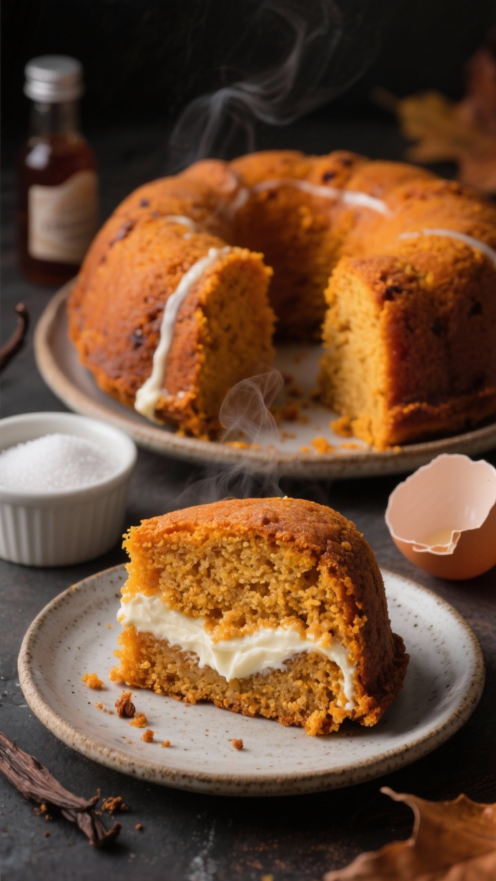 Straight-on cutaway shot of an Ultra-Moist Pumpkin Spice Bundt revealing a vivid cream cheese “river” ribbon through the center. The slice in foreground on a stoneware plate, with the rest of the Bundt behind it. Visible pumpkin-rich orange crumb, specks of baking spices, and creamy white filling. Include small props: a ramekin with softened cream cheese, a dish of granulated sugar, vanilla extract bottle, and a cracked egg shell to nod to the filling. Soft, moody fall lighting, slight steam, tight composition to highlight contrast of dense pumpkin crumb and silky filling.