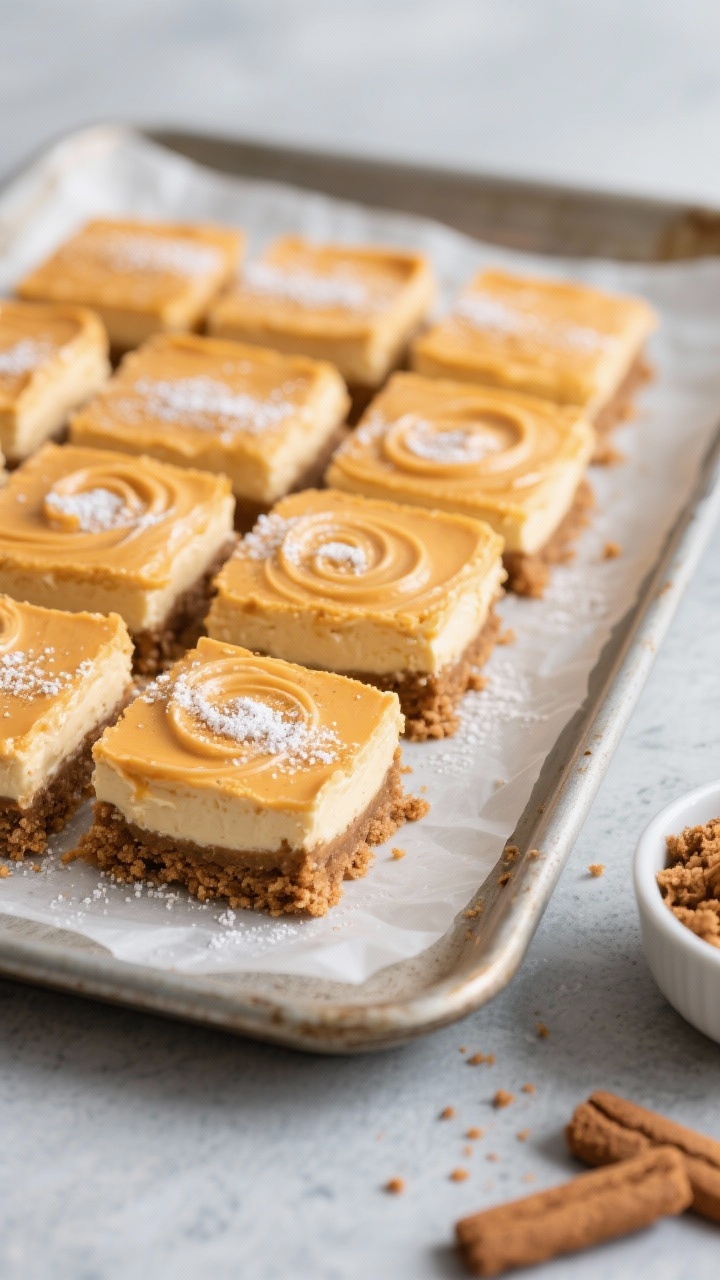 Straight-on dessert bars on a cool-toned surface: neat squares of no-bake pumpkin cheesecake bars with a thick, even gingersnap crumb crust (butter-bonded with brown sugar), topped with smooth pumpkin-cream cheese filling sweetened with powdered sugar. Clean edges, subtle swirl on top, a dusting of finely crushed gingersnaps. Presented on a parchment-lined tray with a small bowl of extra crumbs to the side, soft fall light.