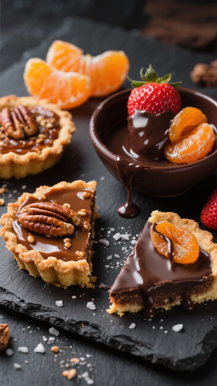 Straight-on, dessert-board close-up capturing decadence: mini pecan tarts (or slices of pecan pie) with glossy caramelized pecan tops, a bowl of warm melted dark chocolate used to dip strawberries and dried apricots—some half-dipped with elegant drips; bright mandarin orange segments adding citrus pop; a scatter of sea salt flakes on the chocolate for texture; dark slate backdrop for contrast, rich highlights on chocolate sheen, crisp focus on pecan texture and strawberry seeds, mood of indulgent Thanksgiving sweets.