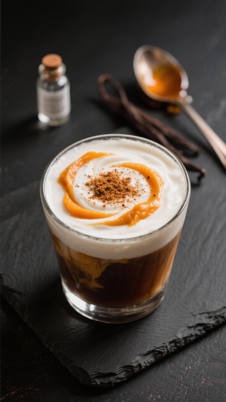 10 Festive Thanksgiving Drinks Everyone Will Love (and Ask You for the Recipe) Straight-on dessert-style portrait of a Pumpkin Spice White Russian in a low tumbler, creamy swirl of heavy cream over vodka and coffee liqueur, visible ribbon of pumpkin purée blending in, dusting of pumpkin pie spice on top; a tiny vanilla vial and a drizzle of maple on a spoon in the background; set on a matte black slate for contrast, soft cozy lighting.