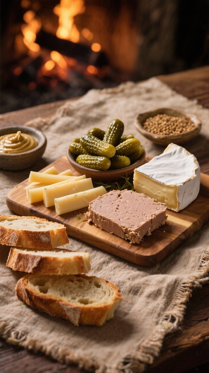 15 Festive Christmas Charcuterie Board Ideas for Holiday Parties That Wow Straight-on fireside French pâté board: neat slices of country pâté and mousse pâté, Comté or aged Gruyère batons, a creamy wedge of Saint-André/brie, a pile of cornichons, a small dish of whole-grain mustard, and crusty baguette slices; rustic linen, warm amber light, emphasis on rich pâté texture and rind detail.