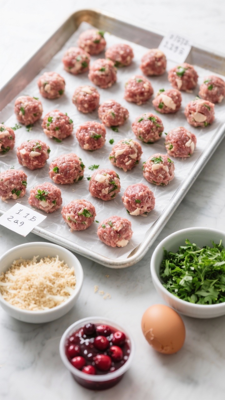 Straight-on freezer-friendly prep shot for Make-Ahead Cranberry Meatballs: neatly arranged raw beef-and-chicken meatballs on a lined baking sheet ready for freezing, each labeled corner of the sheet showing date tags; bowls of Italian-style breadcrumbs, grated onion (drained), chopped fresh parsley, and a cracked egg set in the foreground; a small container of cranberry sauce or glaze base to hint at the future finish; cool, clean lighting to emphasize organization and stress-free hosting; tight depth of field highlighting the mixed-meat texture and parsley flecks, no people.