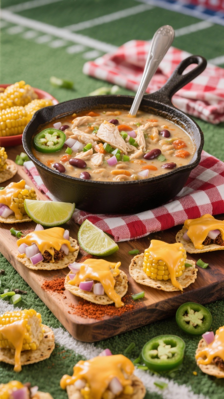 Straight-on game-day spread of Tex-Mex white chicken chili in a cast-iron pot with a ladle, surrounded by cheesy corn toppers: skillet-seared corn mixed with melted cheddar on small crisp tostadas; chili surface shows diced onion, garlic, cumin, chili powder, onion powder, and paprika-speckled creamy broth with chicken and beans; garnishes of sliced jalapeños, chopped scallions, and lime wedges; served on a rustic stadium-style wooden board with a checkered napkin, bold colors, appetizing cheese pull on the corn toppers.