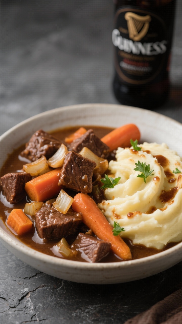 Straight-on hearty bowl shot of “Guinness And Root Veg Beef Stew With Brown Butter Mash”: rich, stout-brown gravy coating beef chuck cubes, chopped onion, minced garlic, and thick-cut carrots; served beside or partially over a quenelle of nutty brown butter mashed potatoes with browned milk solids speckling the surface; glossy finish, gentle parsley scatter for contrast; placed on a slate surface with a stout bottle blurred behind; controlled highlights to showcase the sauce’s depth, inviting pub-style warmth.