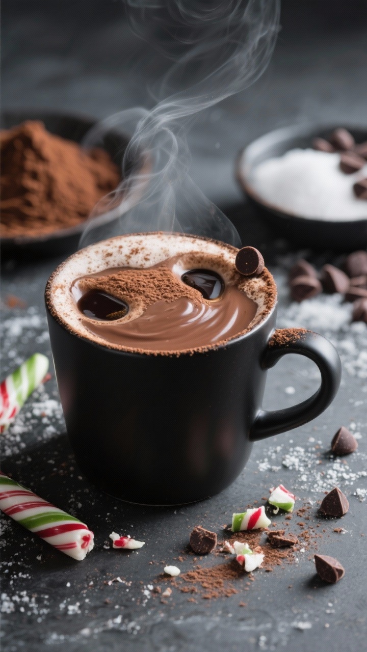 Straight-on hero shot: A Peppermint Mocha in a matte black mug with silky cocoa-laced milk and two espresso shots, topped with a modest cap of foam and fine cocoa dusting; a few crushed peppermint bits and a single chocolate chip garnish at the rim hint at peppermint and chocolate chips inside, with ingredients subtly staged in the background—unsweetened cocoa powder, sugar, extra chocolate chips—moody winter ambiance, steam visible, crisp focus on the glossy chocolate surface.