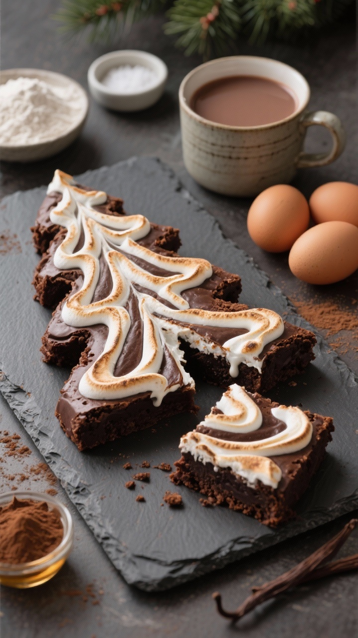 Straight-on hero shot: Hot cocoa Christmas tree brownies on a slate board, with dramatic marshmallow swirl baked into the surface, showing ripples of toasted white against dark cocoa. Include subtle styling elements: a mug of hot cocoa with cocoa powder nearby, all-purpose flour, baking powder, and a pinch of salt in tiny pinch bowls, plus 4 eggs and vanilla extract. Focus on gooey, marshmallow pull and fudgy interior where one piece is slightly separated, warm cozy mood.
