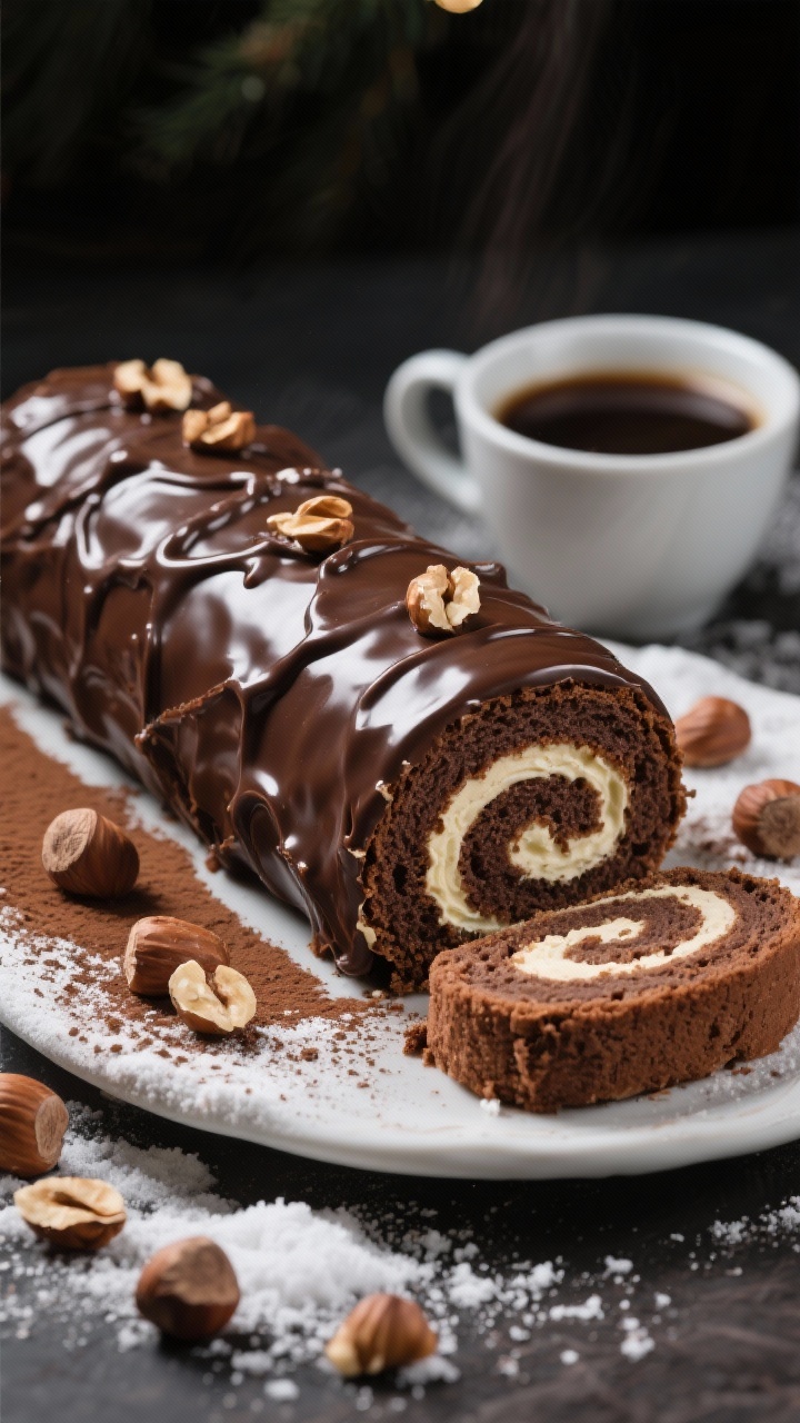 Straight-on hero shot of a chocolate hazelnut yule log: tight chocolate sponge roulade with visible spiral, coated in glossy chocolate hazelnut ganache, textured to resemble bark; espresso buttercream peeking through the swirl; dusting of cocoa powder and powdered sugar “snow,” scattered toasted hazelnuts, and a small espresso cup in the background; clean slice plated in front to show tender crumb; dramatic side lighting for texture and contrast.