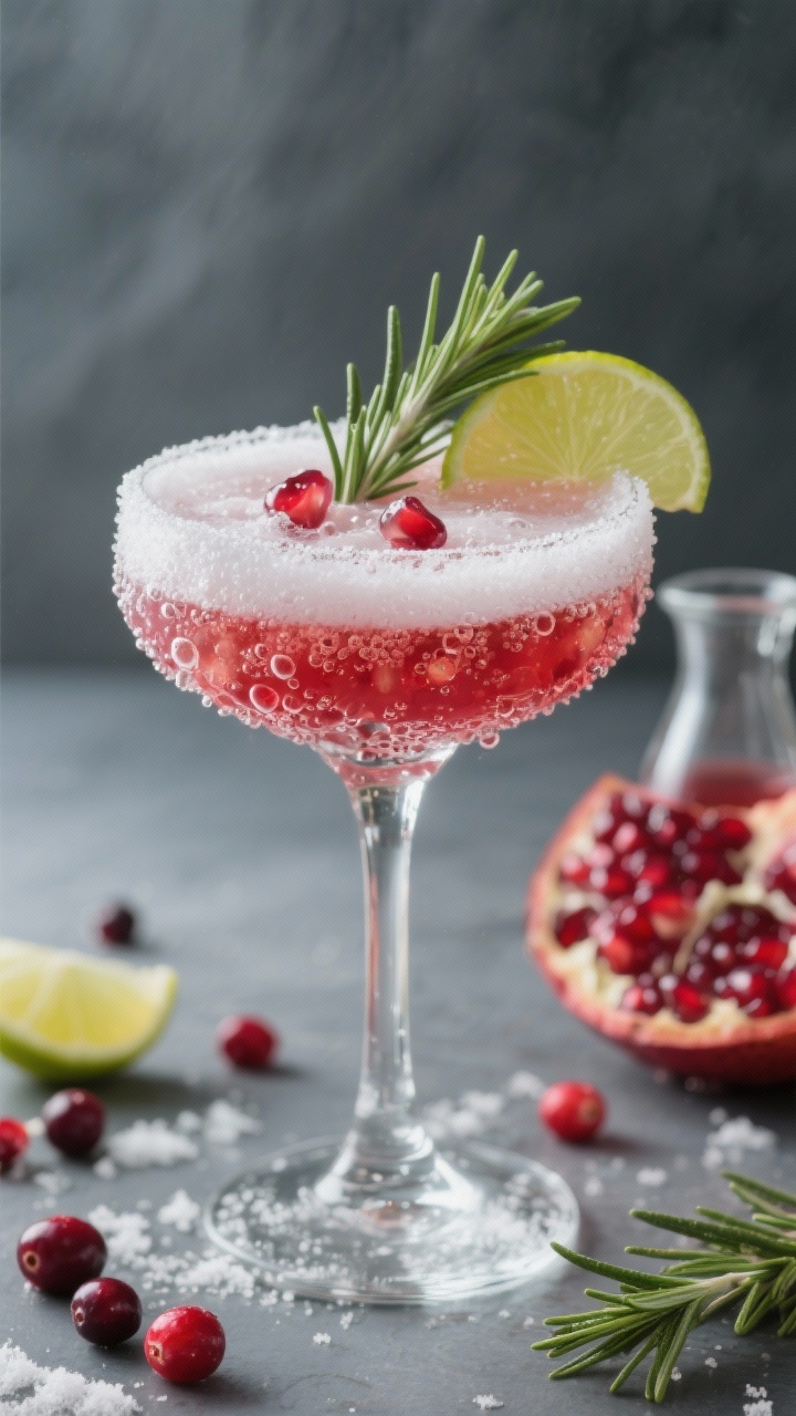 Straight-on hero shot of a frosted rosemary pomegranate fizz in a coupe glass: chilled pomegranate and cranberry juices mixed with rosemary simple syrup and a squeeze of fresh lime, topped with sparkling bubbles. Glass rim lightly frosted with sugar to mimic snow, garnished with a tiny rosemary sprig and a few pomegranate arils. Crystal-clear effervescence captured mid-rise, set against a cool slate backdrop with scattered cranberries and a small carafe of rosemary syrup.